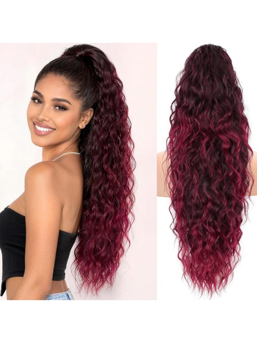 Ombre Burgundy Curly Drawstring Ponytail Extension - Synthetic Hairpiece